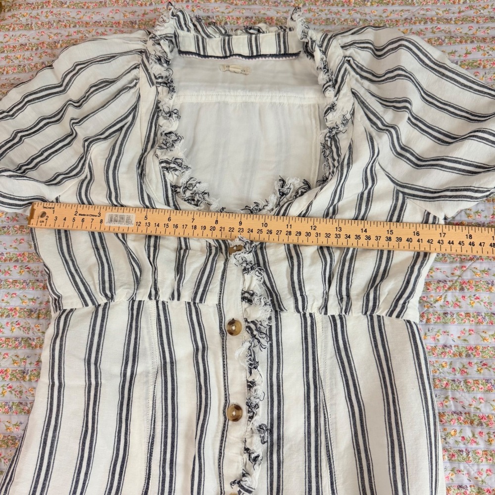 Pilcro Anthropologie Striped Linen Ruffle Button Front Midi Dress White Blue 6 - Picture 11 of 13